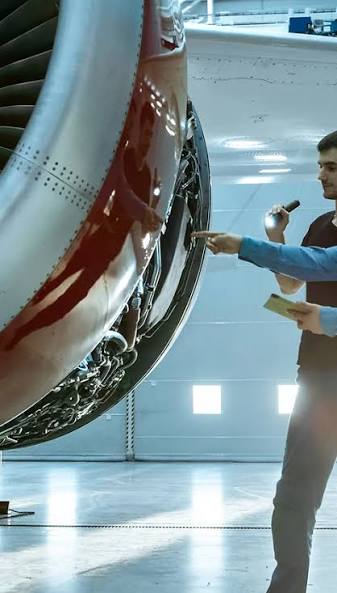 Technician inspecting an engine with a colleague taking notes