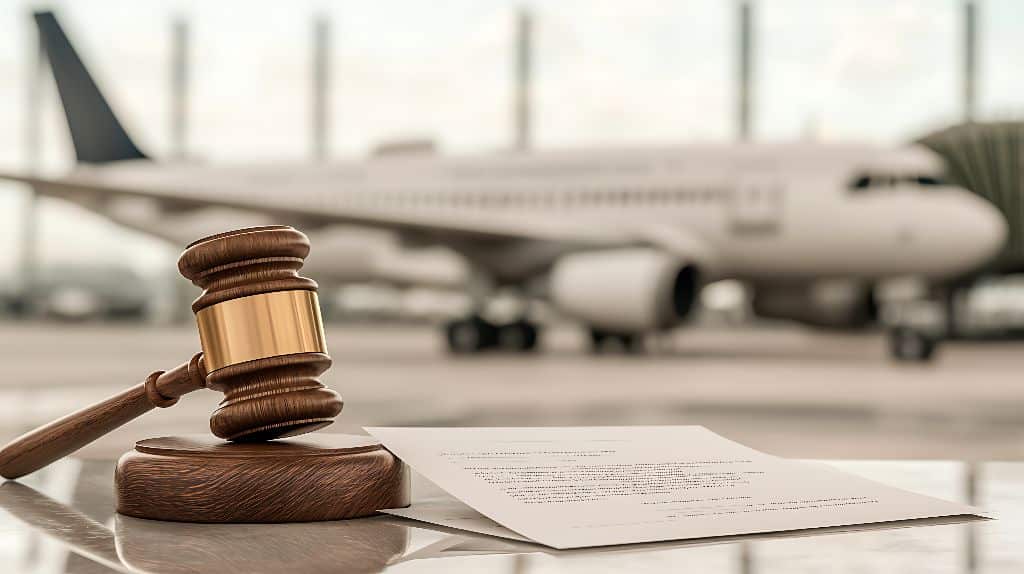 Gavel and regulatory document with an aircraft in the background