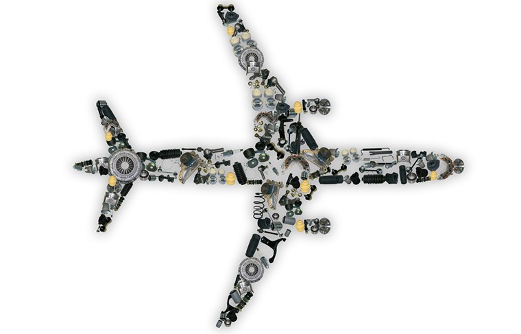 Aircraft parts arranged in the shape of an airplane
