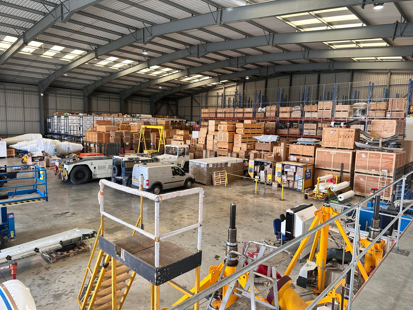 Spare parts warehouse with crated components